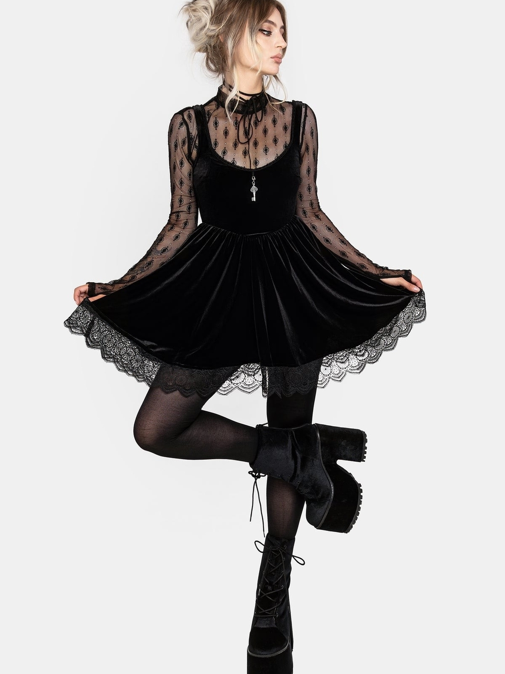 Orbweb Lace Hem Velour Mini Dress